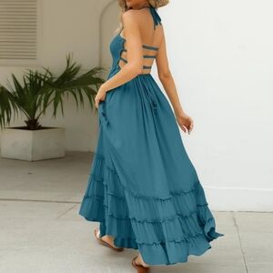 R. Vivimos Tropical Open Back Halter Maxi Dress L Backless Tiered Boho Coastal